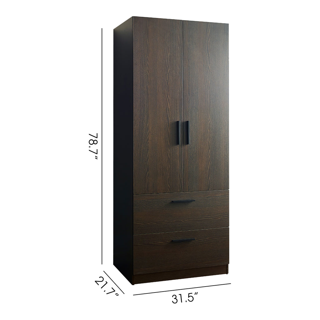 Brook Two-Door Wood Closet with Two Drawers and Hanging Bars
