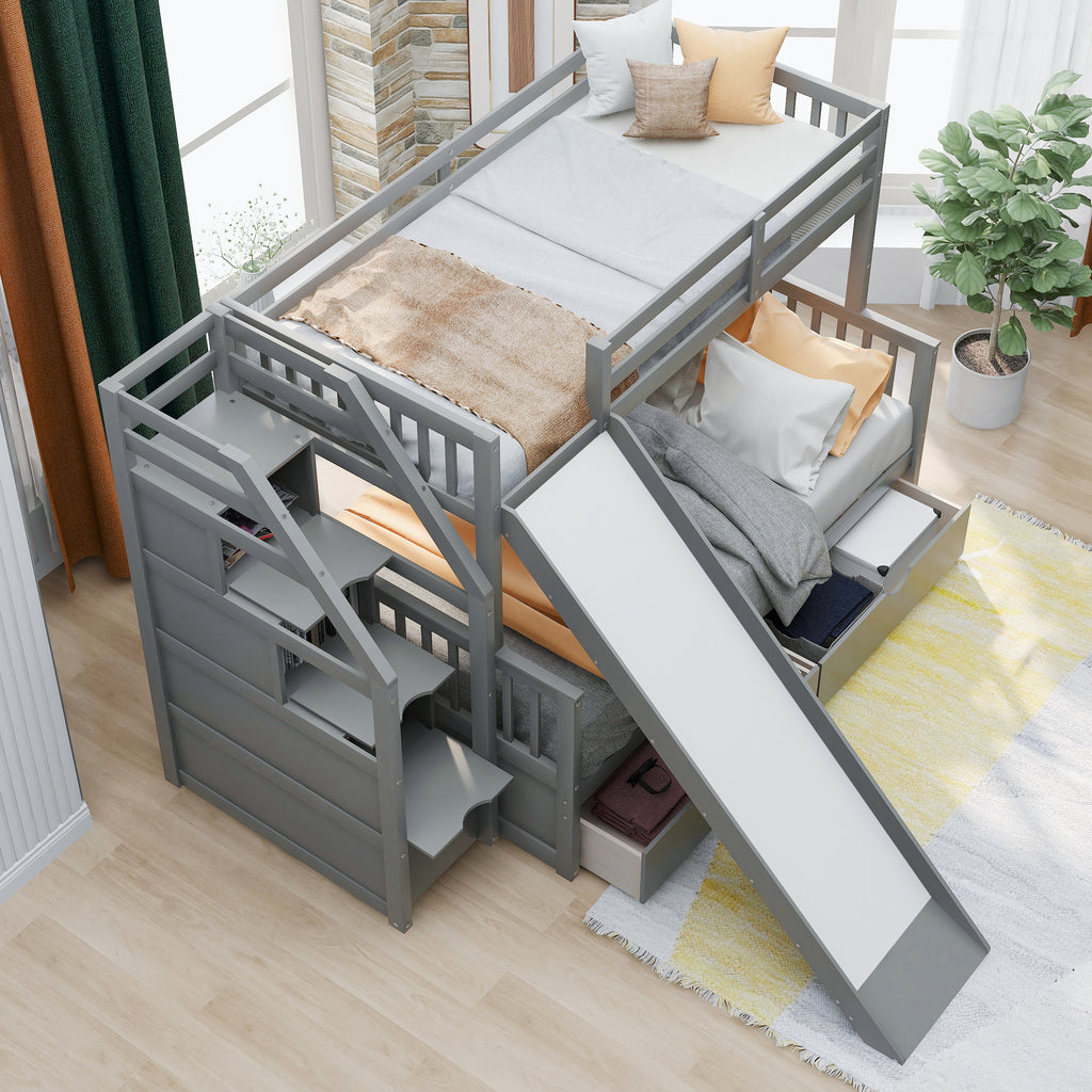 Twin Over Full Bunk Bed with Drawers, Storage and Slide