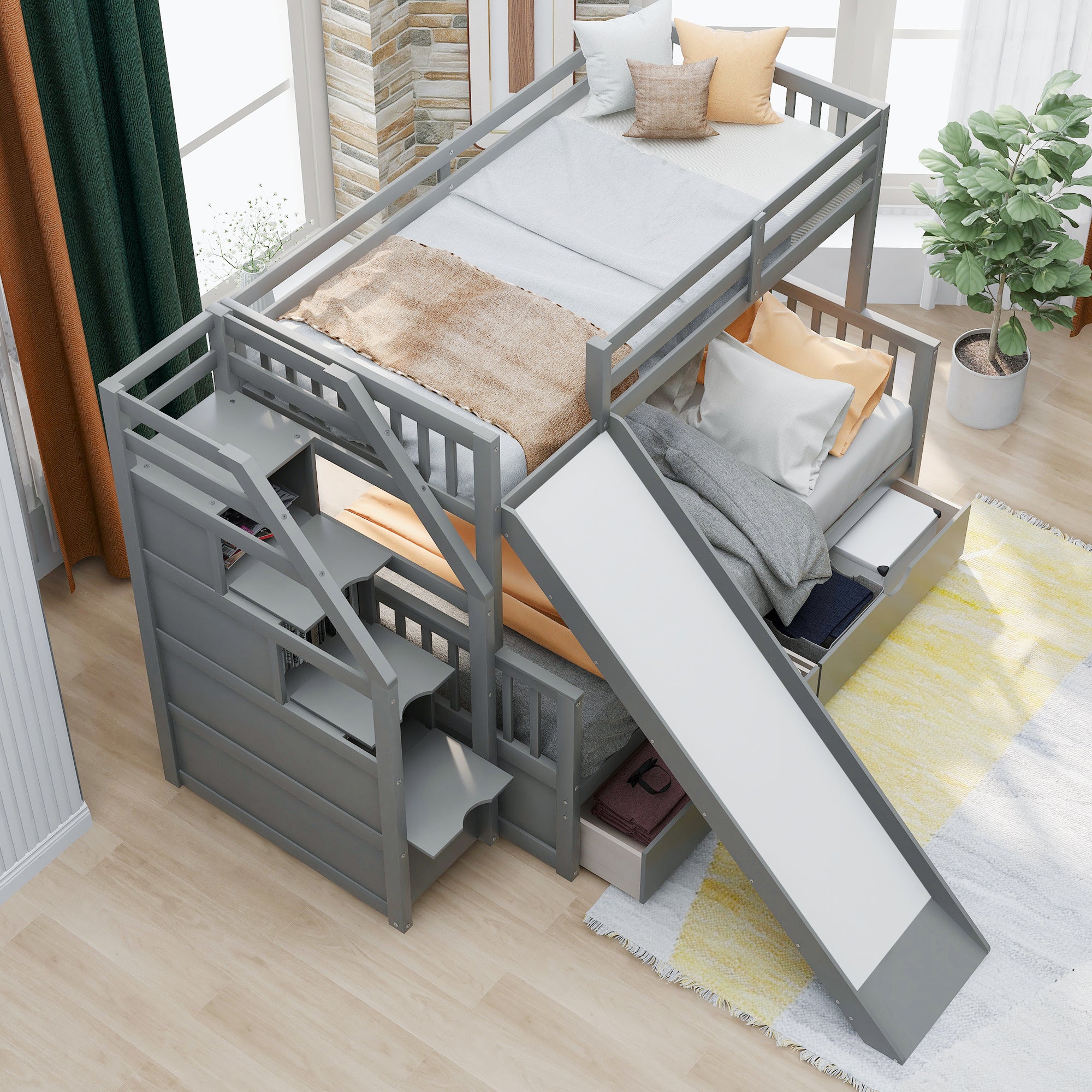 Twin Over Full Bunk Bed with Drawers, Storage and Slide