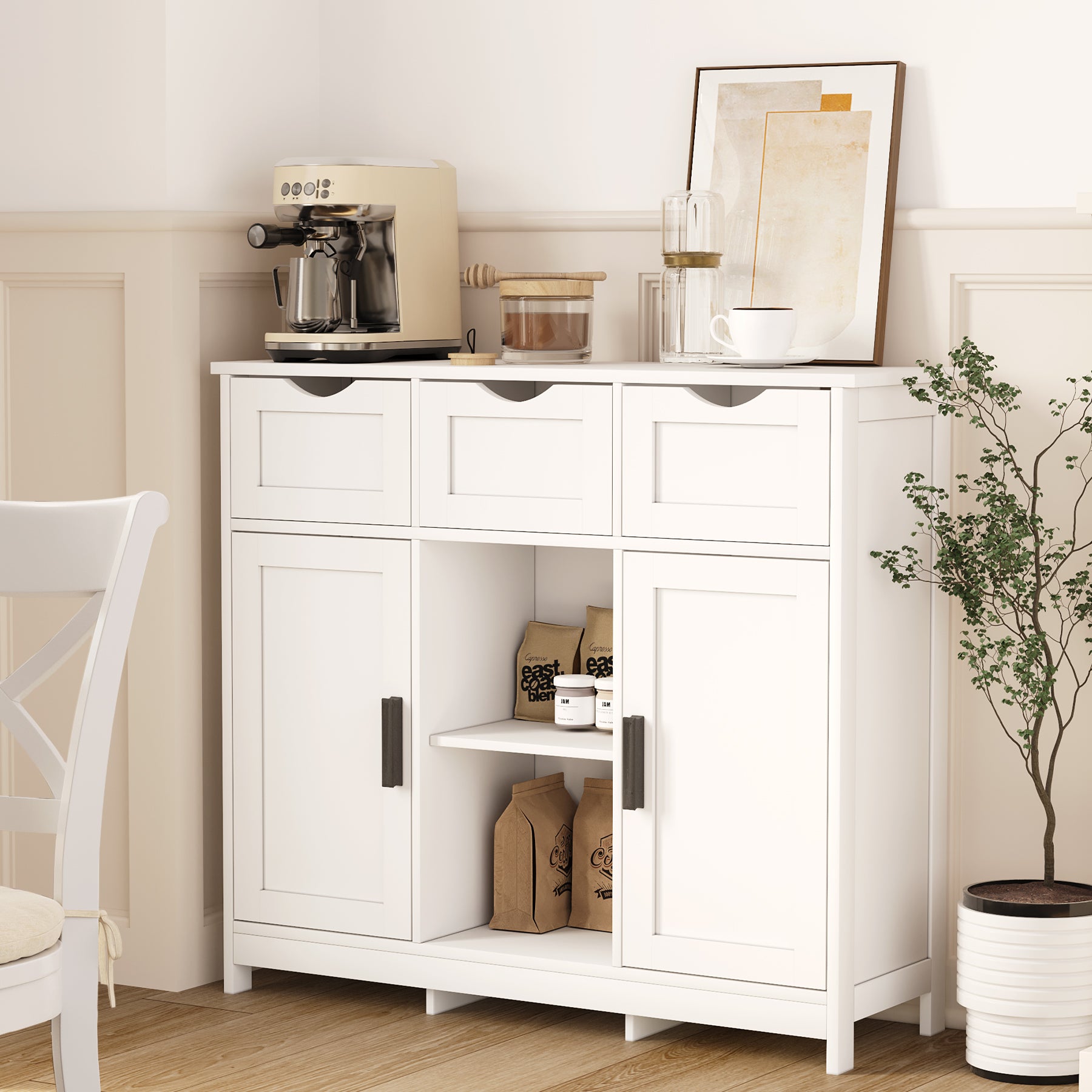Wooden Floor Cabinet with Drawers and Shelves