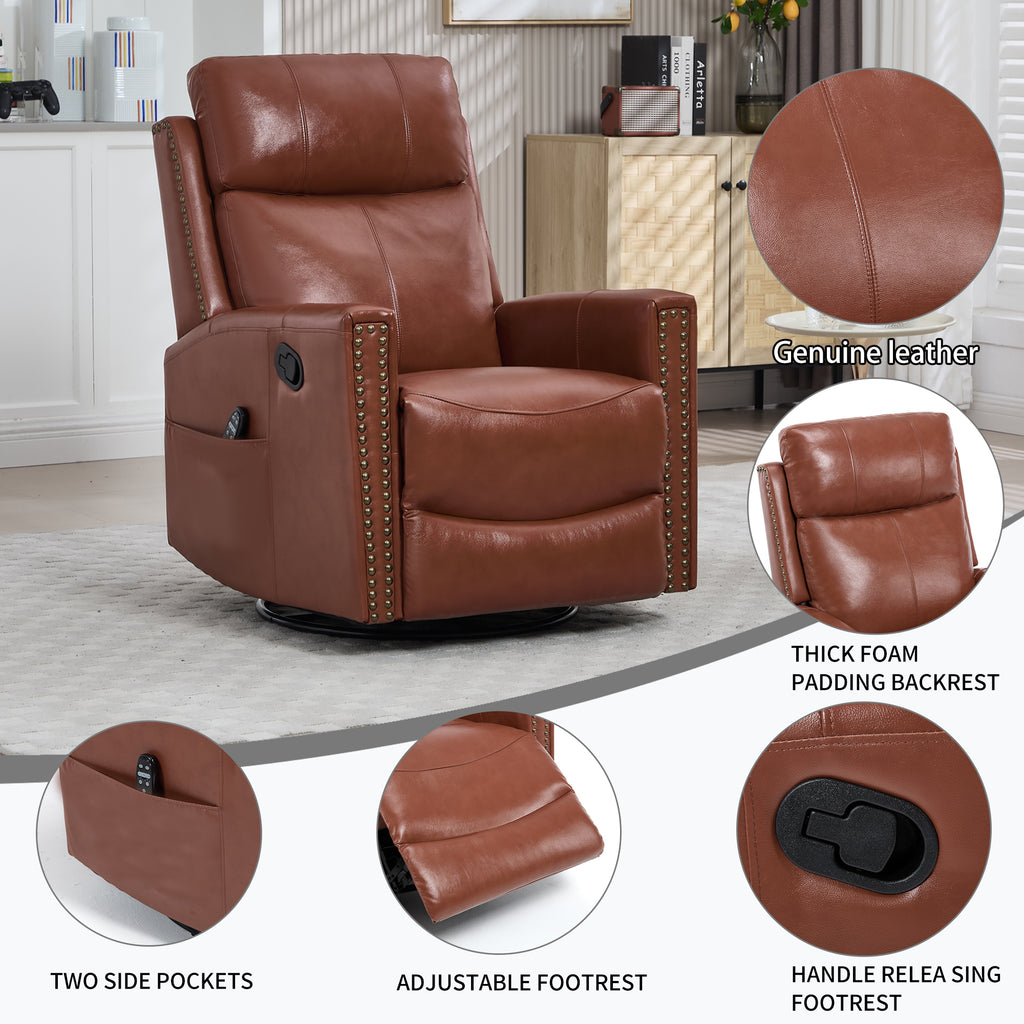 Red Genuine Leather Heat Massage Manual Recliner Chair