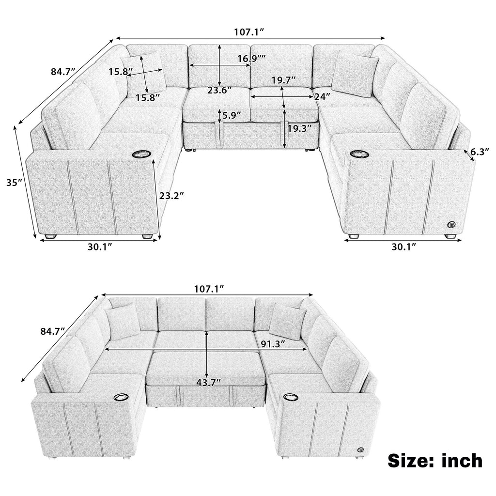 107.1" Sectional Sofa Convertible Pull-out Sofa Bed