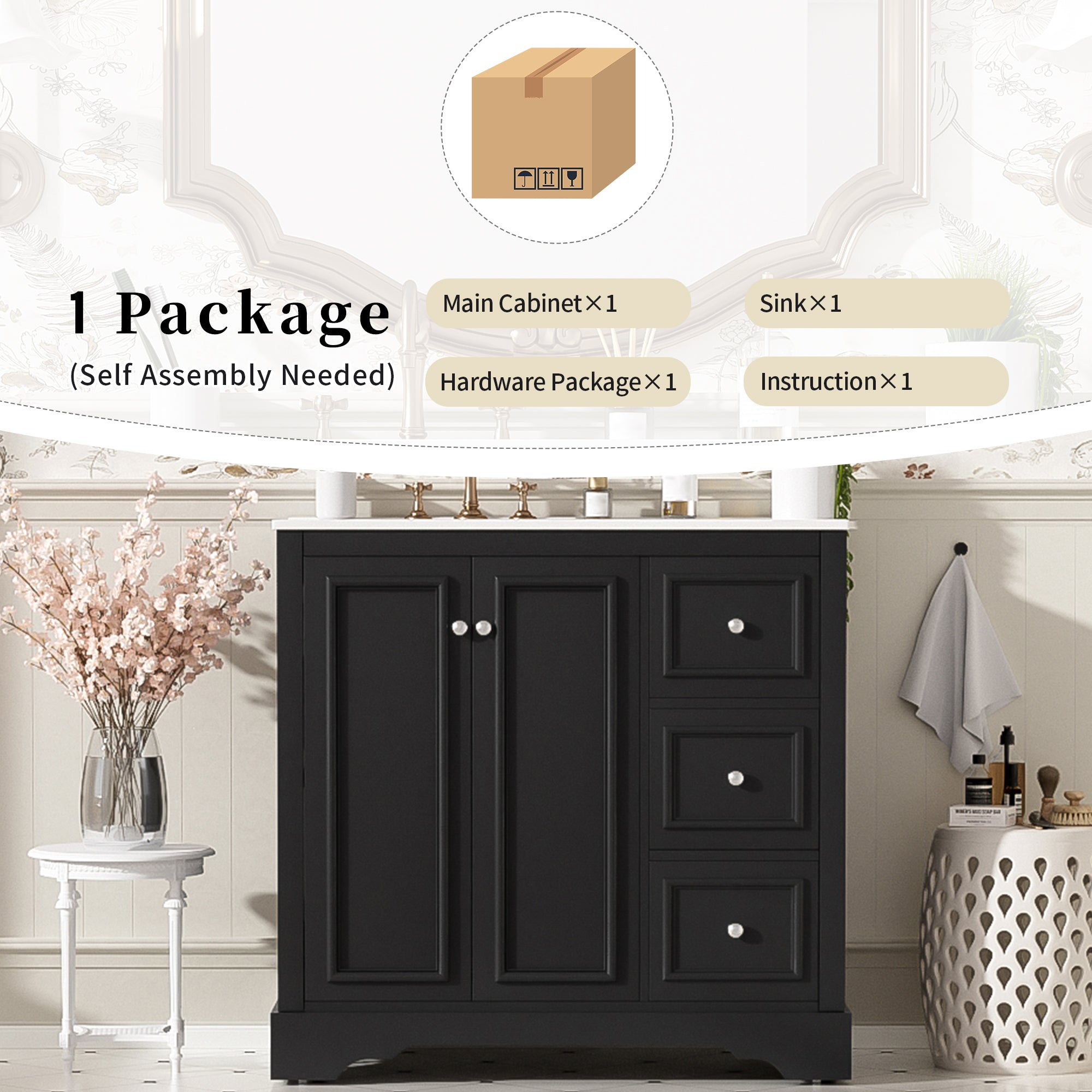 36-Inch Transitional Bathroom Vanity with Ceramic Sink