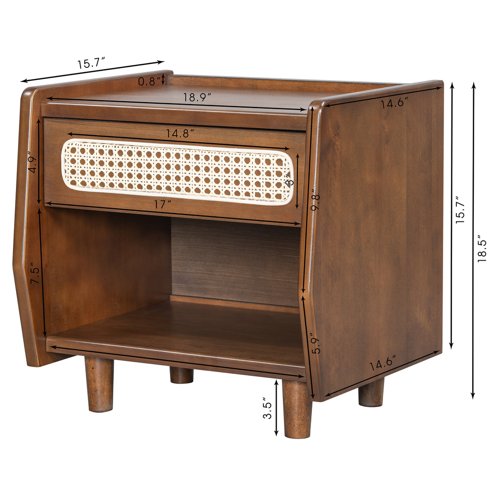 Walnut Nightstand with Rattan Detail