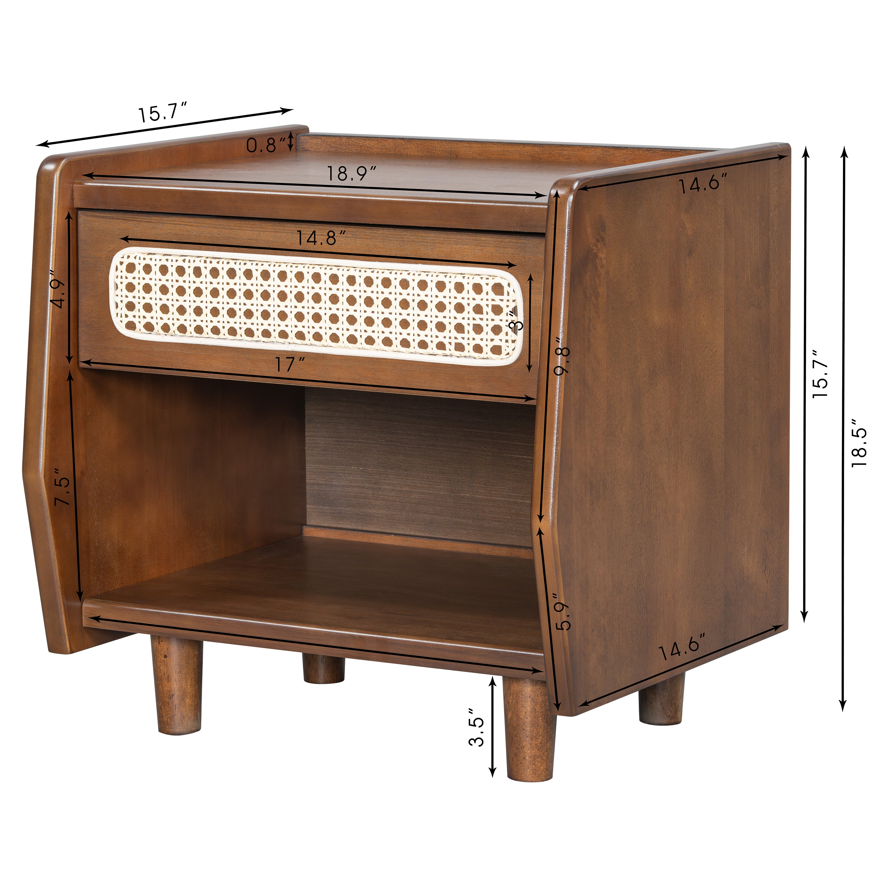 Walnut Nightstand with Rattan Detail