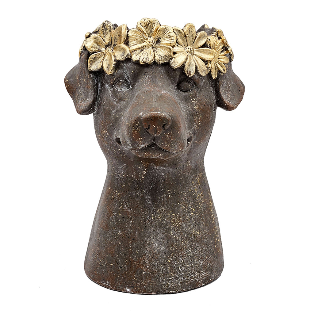 Magnesium Dog Statue Planter, 9.3 x 13 Inches, Brown with Gold Leaf Crown