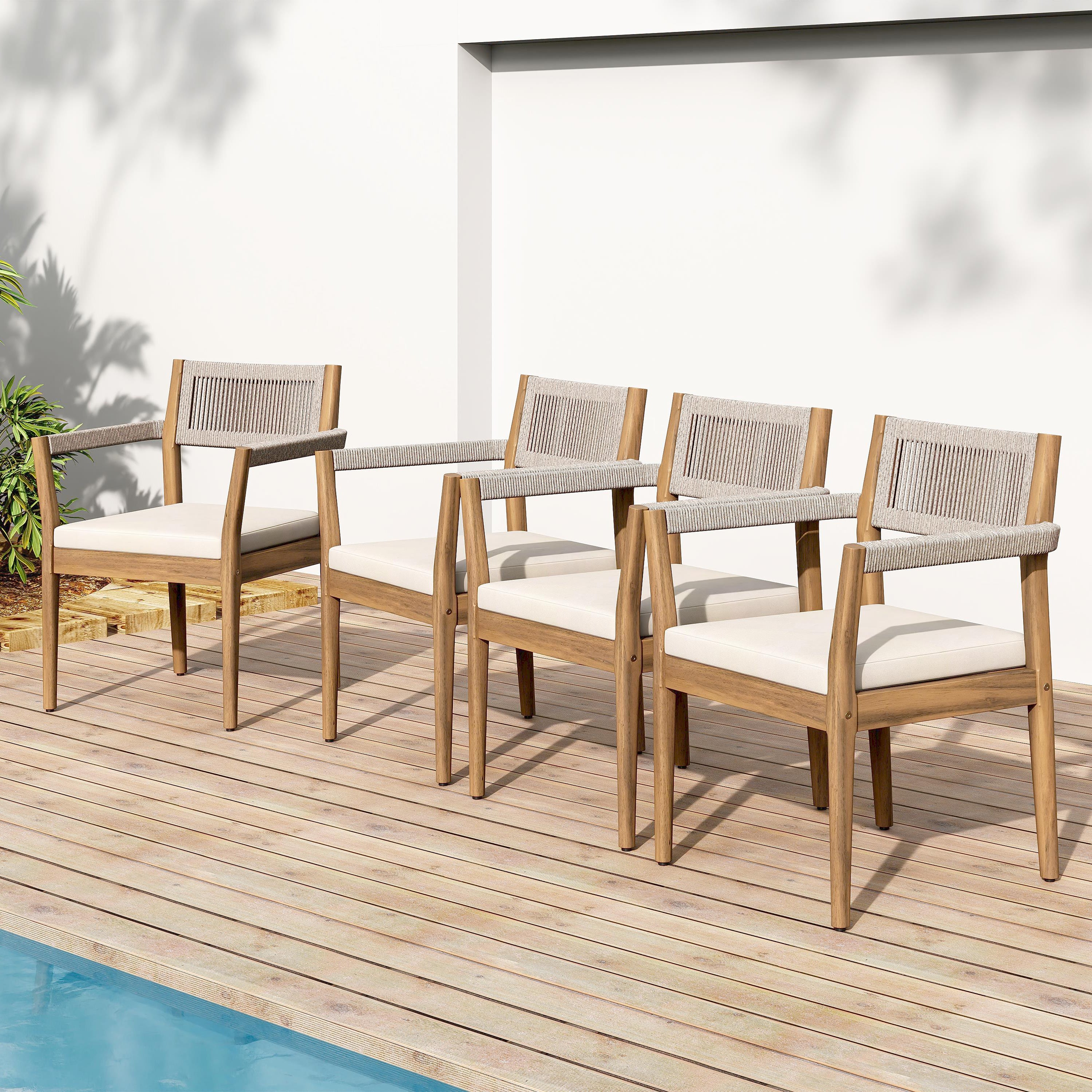 Braided Acacia Wood Outdoor Dining Chairs Set of 2