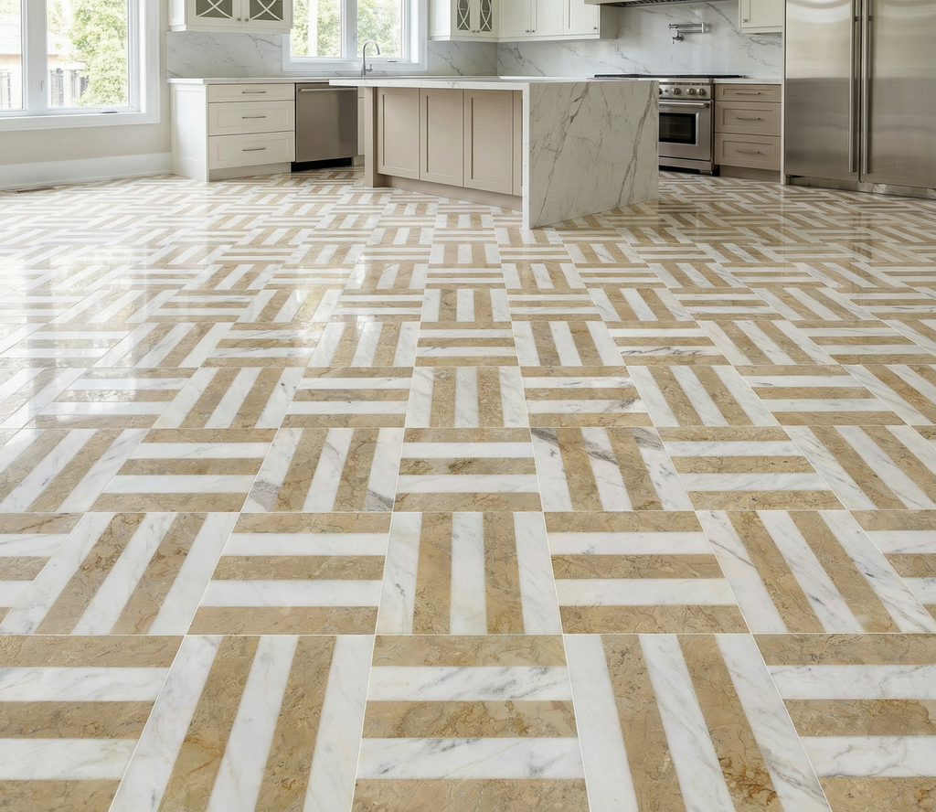 12x12 White Gold Waterjet Polished Marble Tiles Set