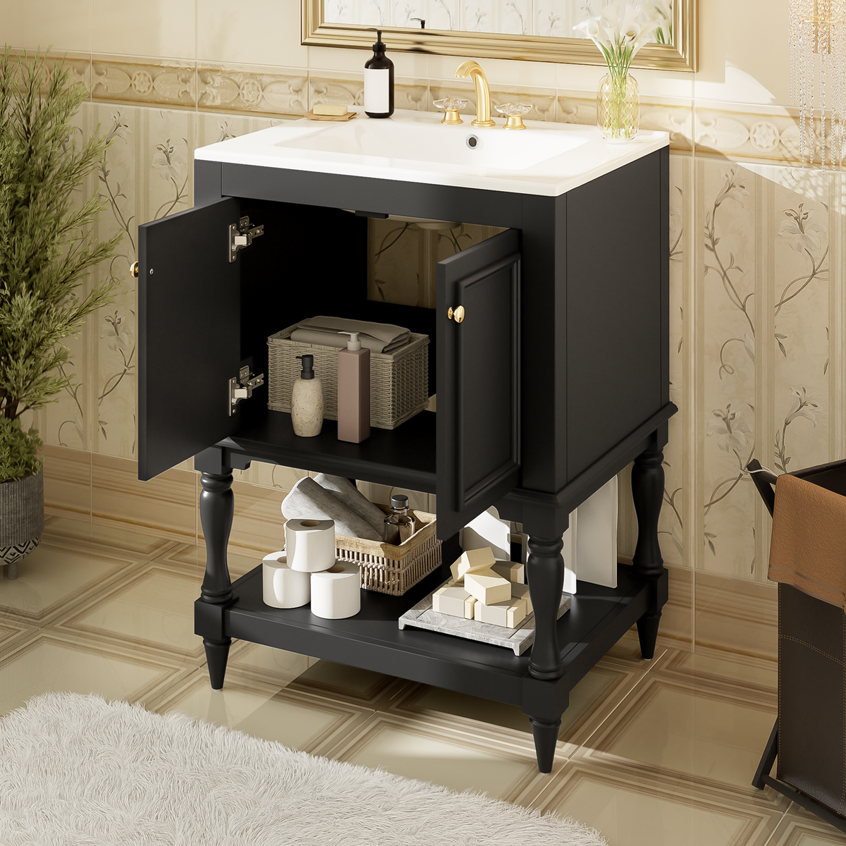 24-Inch Modern Luxury Bathroom Vanity with Ceramic Sink, Black