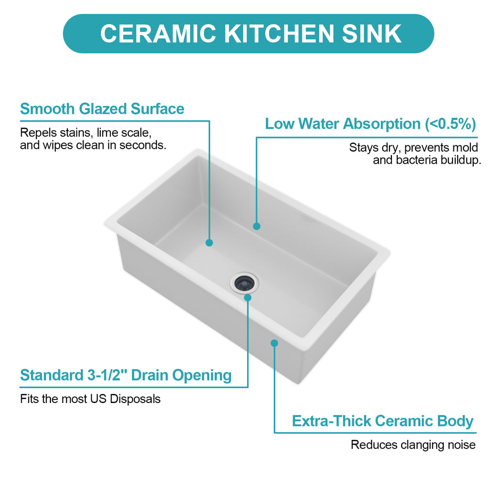 32"x19"x10" Undermount Single Bowl Fireclay Kitchen Sink