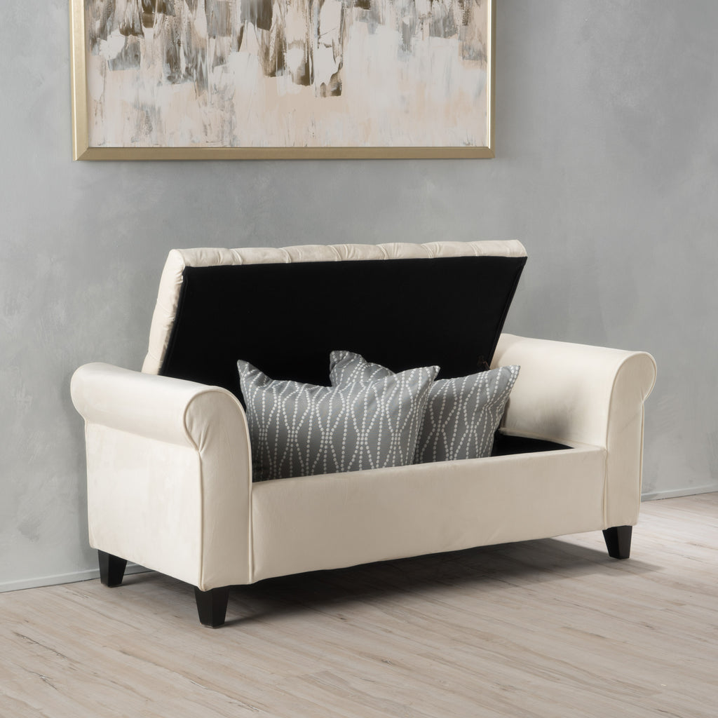 Ivory Fabric Storage Bench With Rolled Arms
