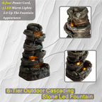 6-Tier Outdoor Cascading Stone Water Fountain with LED Lights