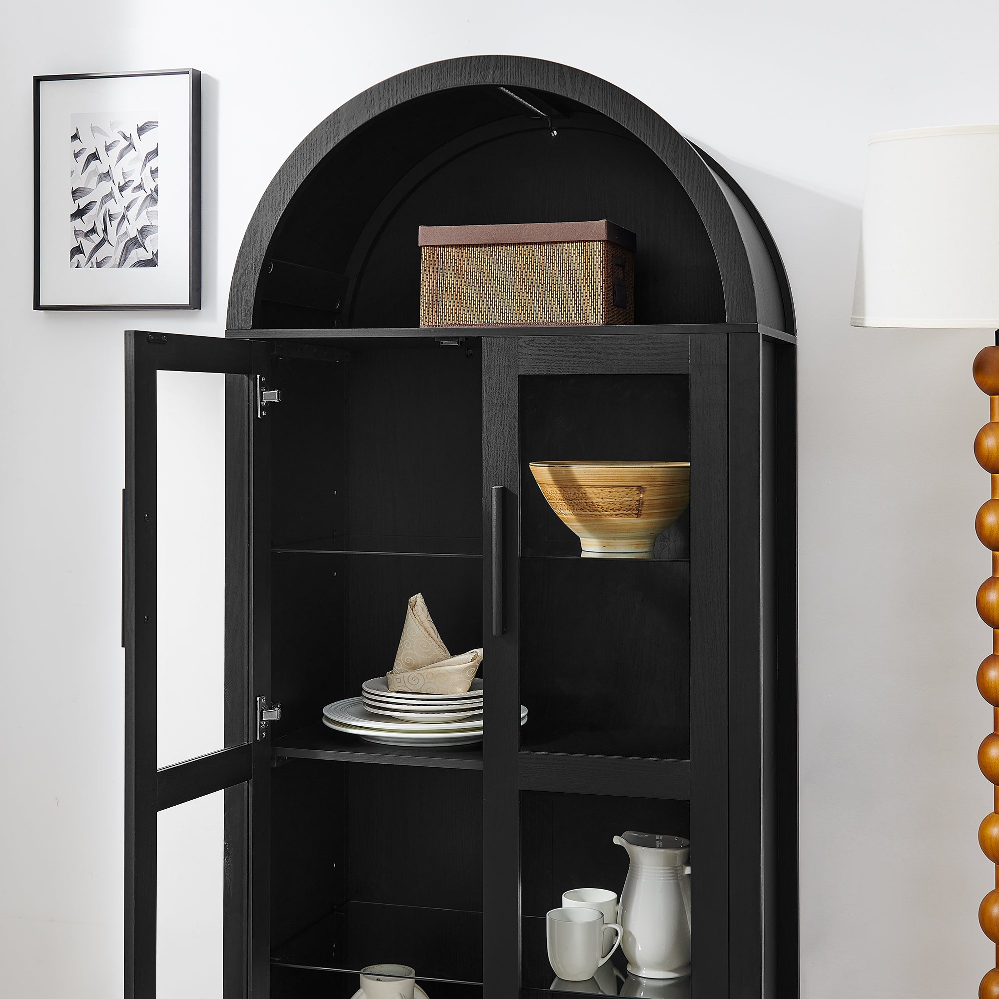 High Arched Storage Cabinet with Lamp - Black