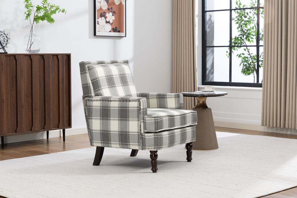 Upholstered Accent Chair, Vintage Armchair with Solid Wood Legs