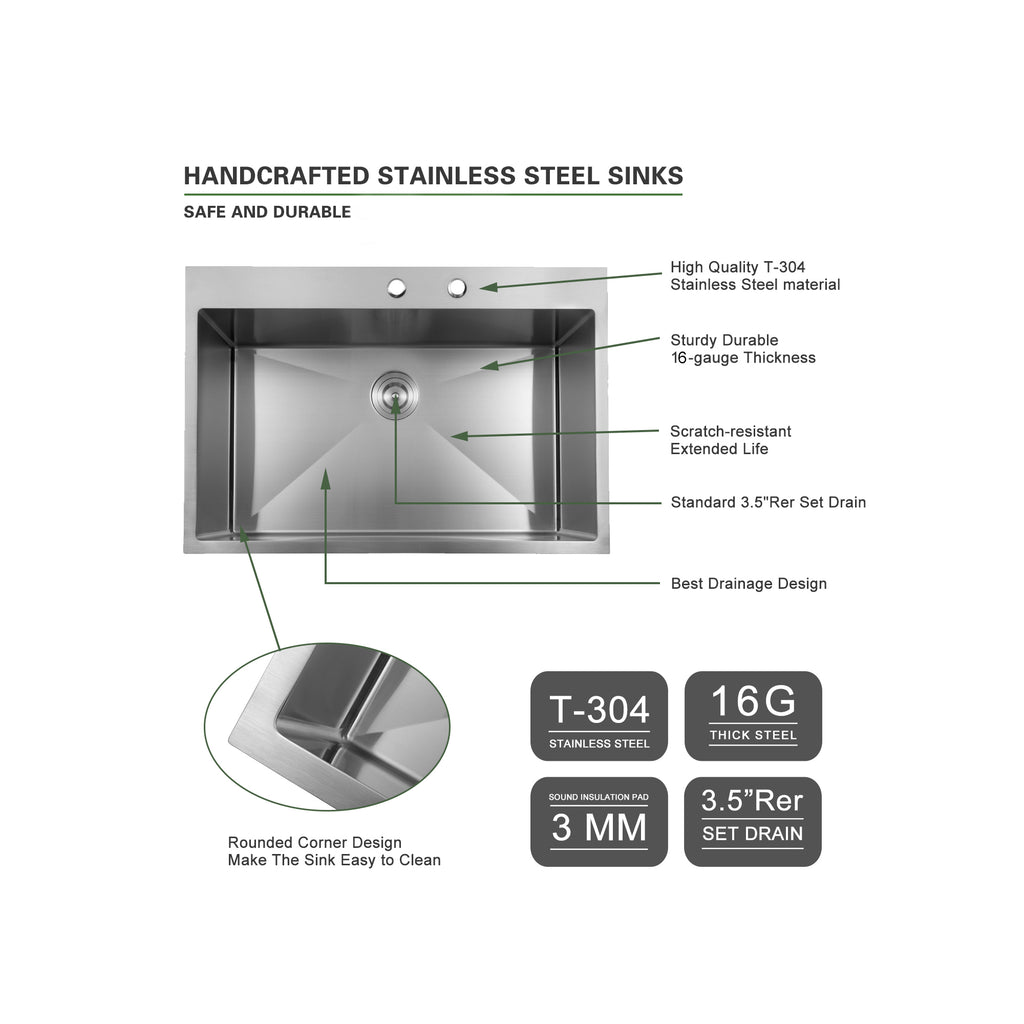 33 Inch Topmount Stainless Steel Kitchen Sink