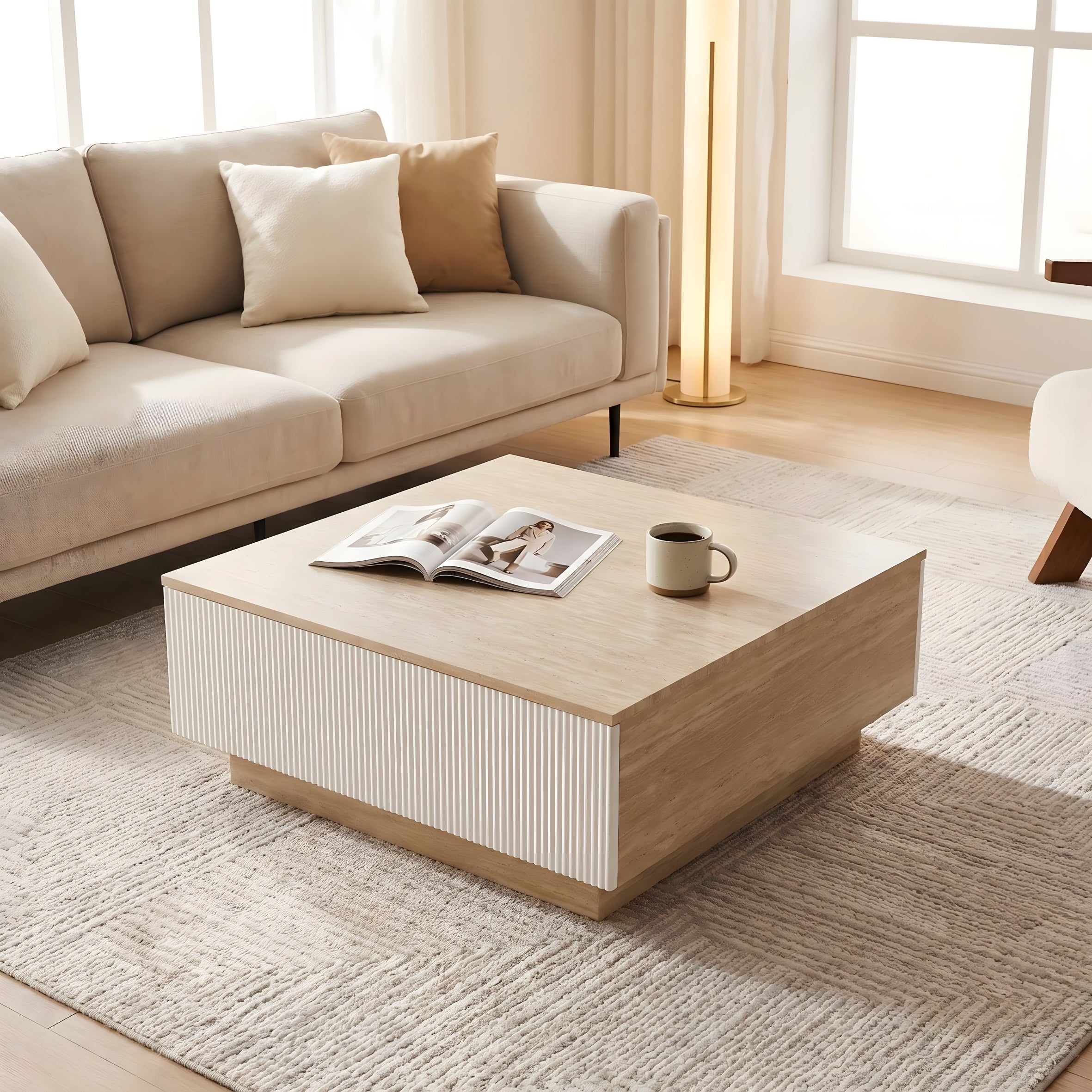 Modern Faux Travertine Coffee Table with 2 Drawers