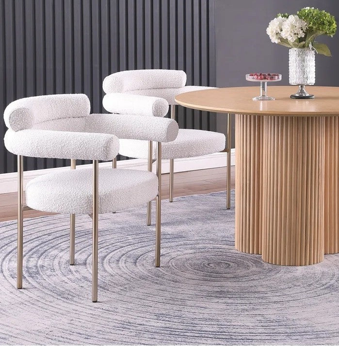 Set of 2 Boucle Fabric Kitchen Dining Chairs with Armrest