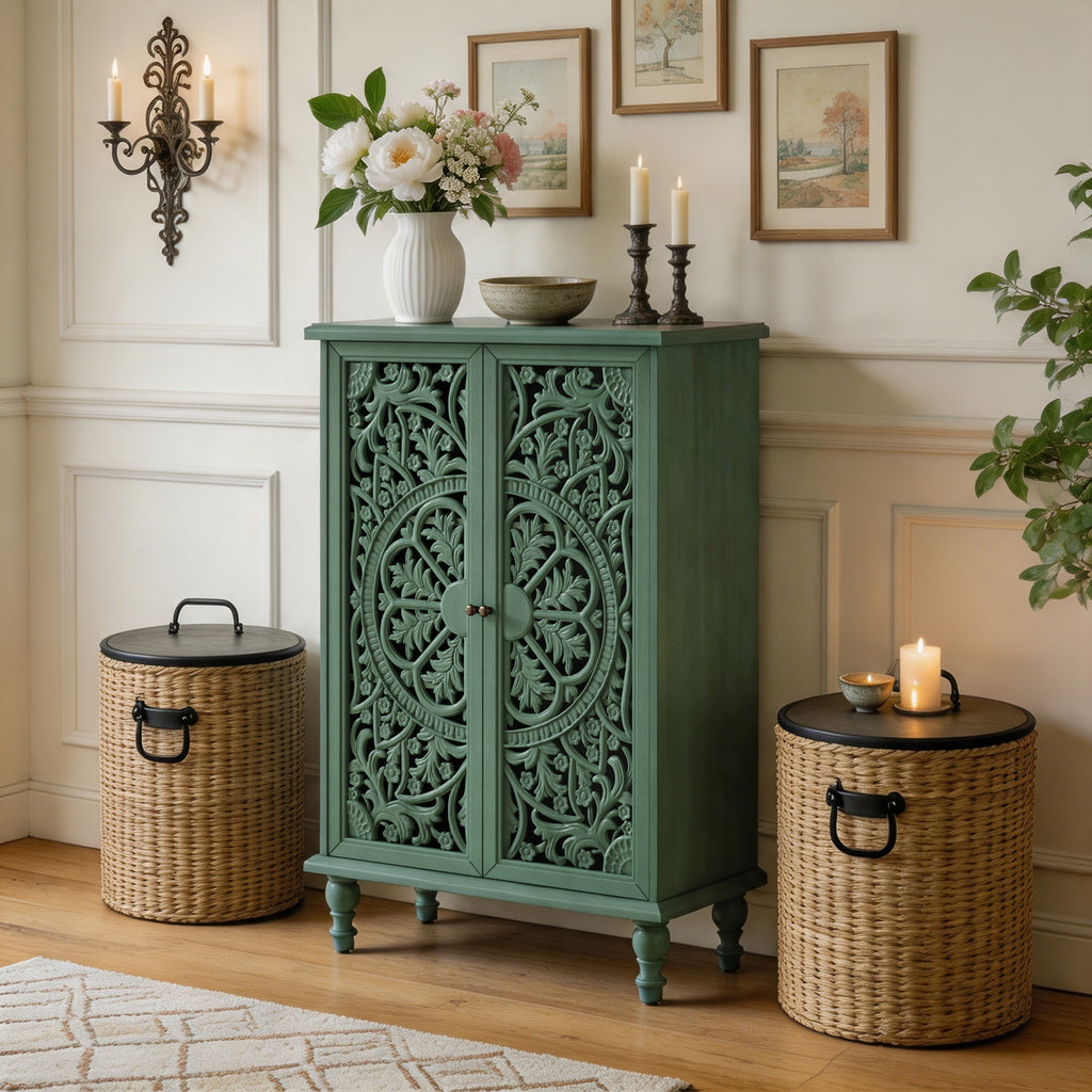Tall Accent Cabinet with Carved Double Doors, Antique Green, 47-Inch