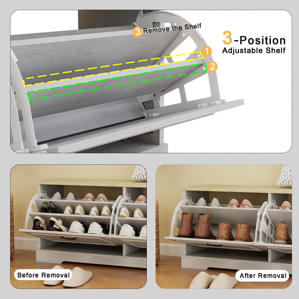 Shoe Storage Bench with 2 Flip Drawers and Adjustable Shelf