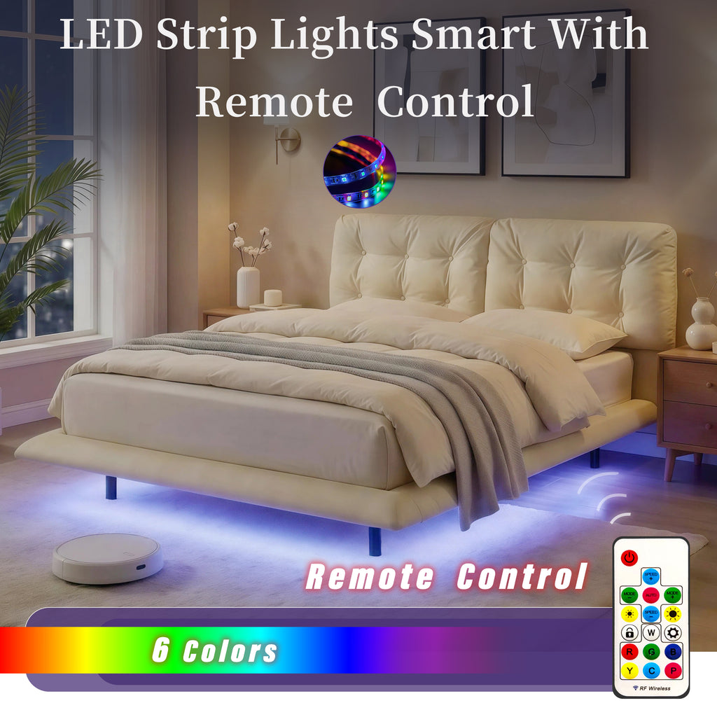 Queen Size Upholstered Floating Bed Frame with LED Lights