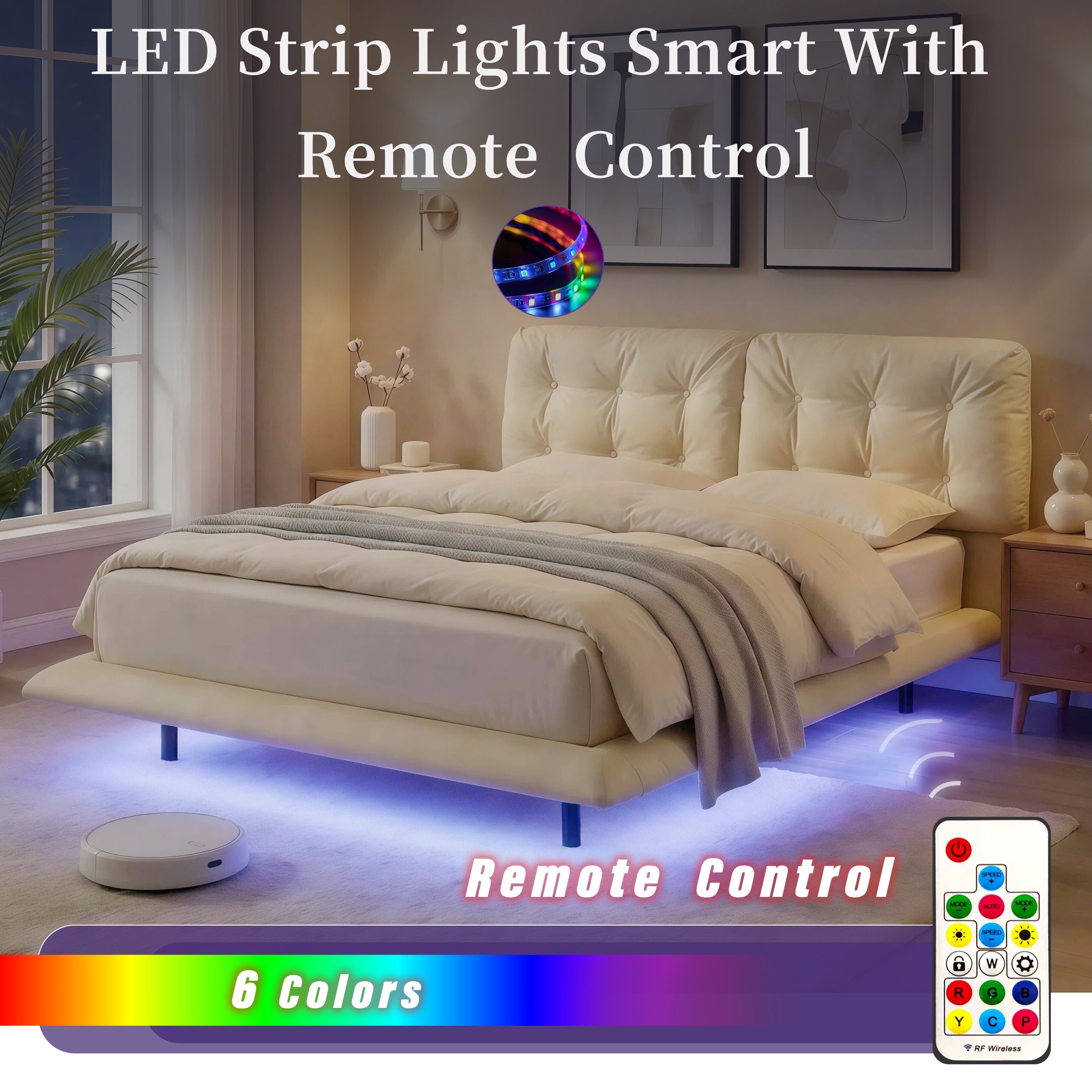 Queen Size Upholstered Floating Bed Frame with LED Lights