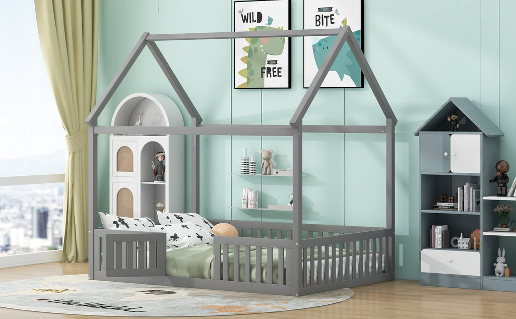 Full Size Wood House Bed with Fence and Door