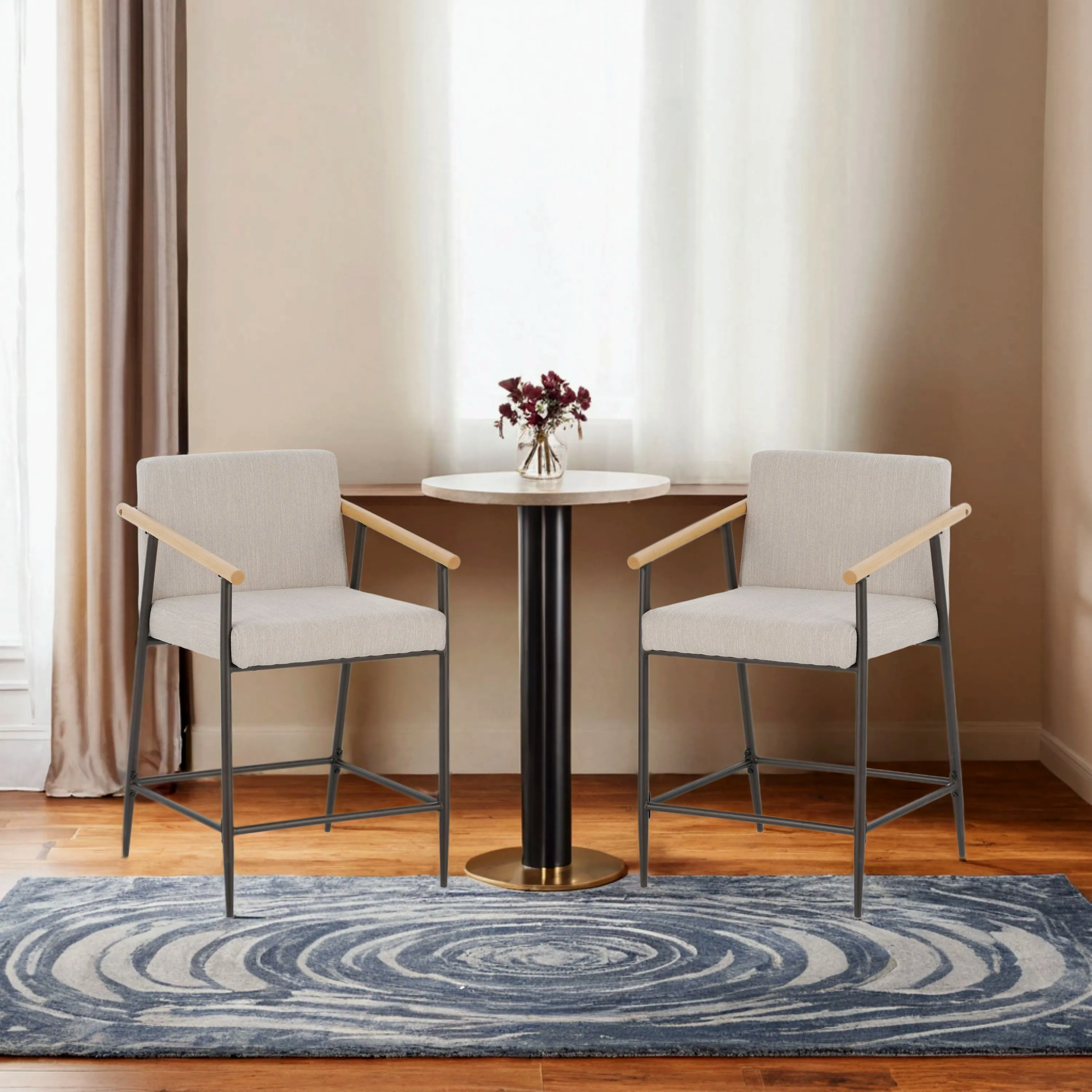Counter Stool with Iron Frame - Set of 2 - Espresso + Beige