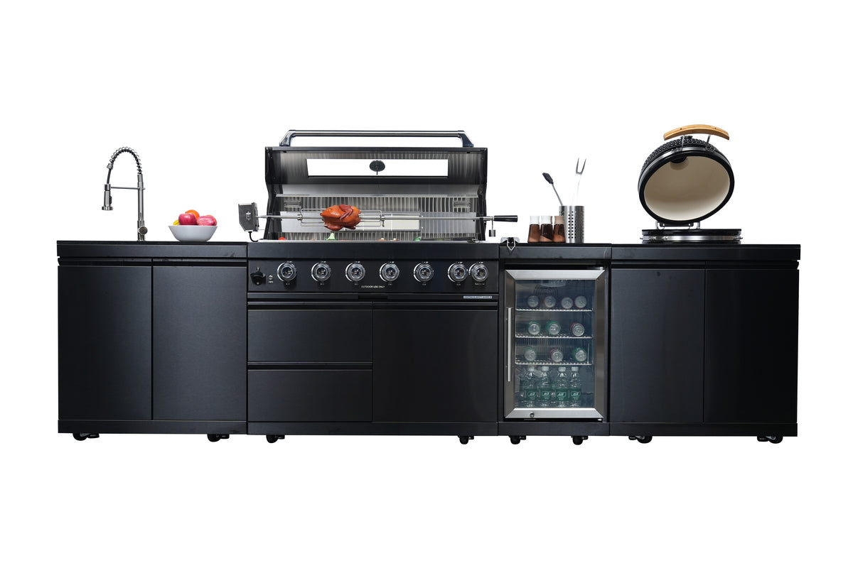 Black 128-Inch 85000-BTU Stainless Steel Gas Outdoor Kitchen Bar Barbecue Island Grill with Kamado grill ,Wine Cooler Compact Refrigerator Rotisserie Granite Countertops Storage Cabinets & Drawers