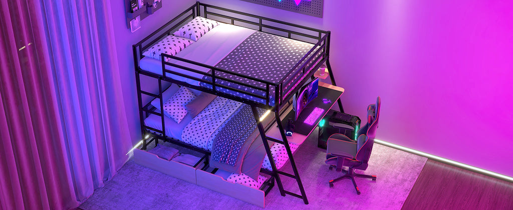 Full Size Metal Bunk Bed with Built-in Desk, Light and 2 Drawers