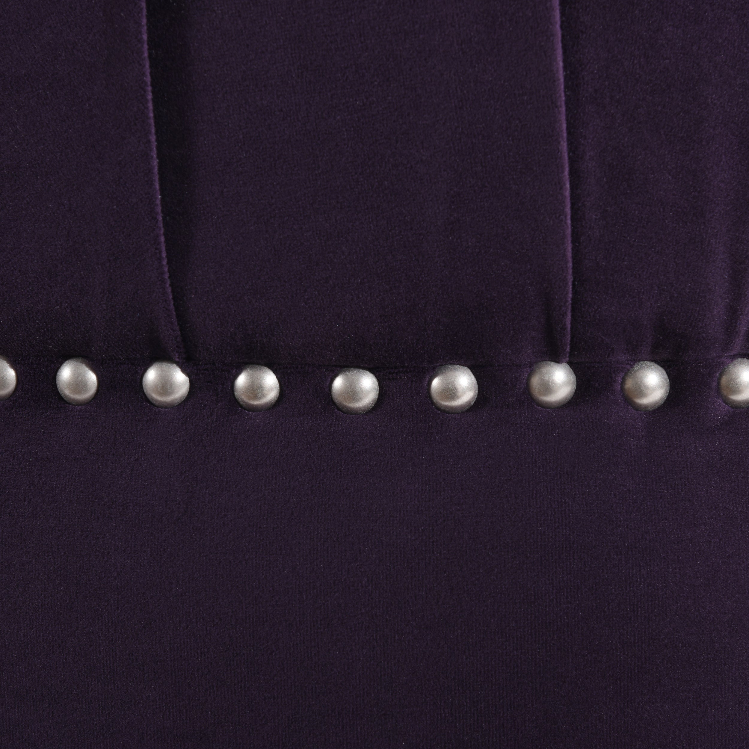 Dawn Tufted Round Ottoman in Purple Velvet with Nailhead Accents