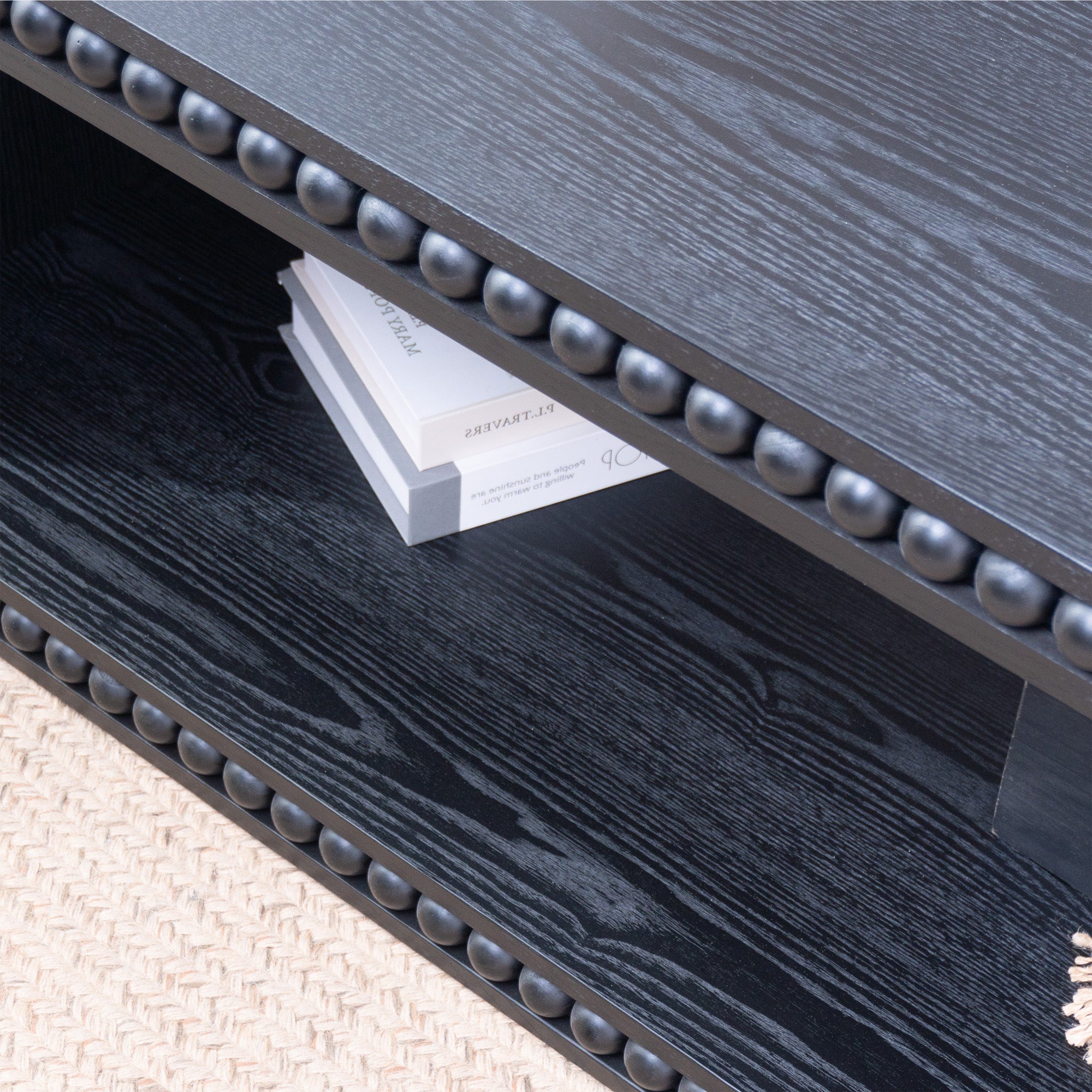 Black Beaded Edge Coffee Table – 47.6' Rectangular Center Table with Open Storage Shelf