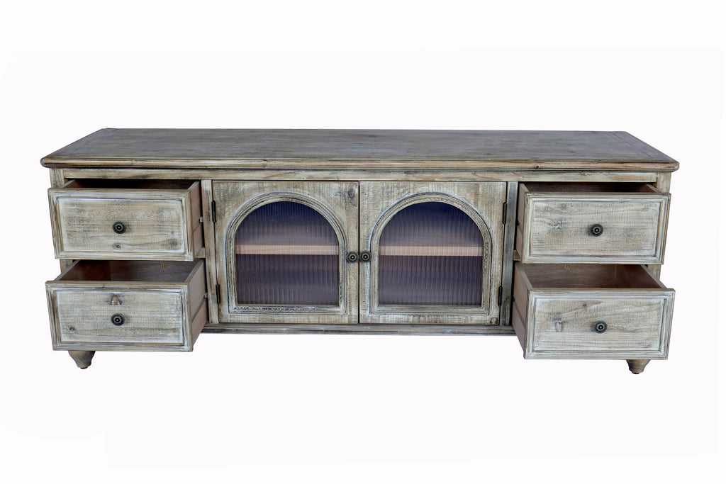 60" Farmhouse TV Stand with 4 Drawers & 2 Glass Doors