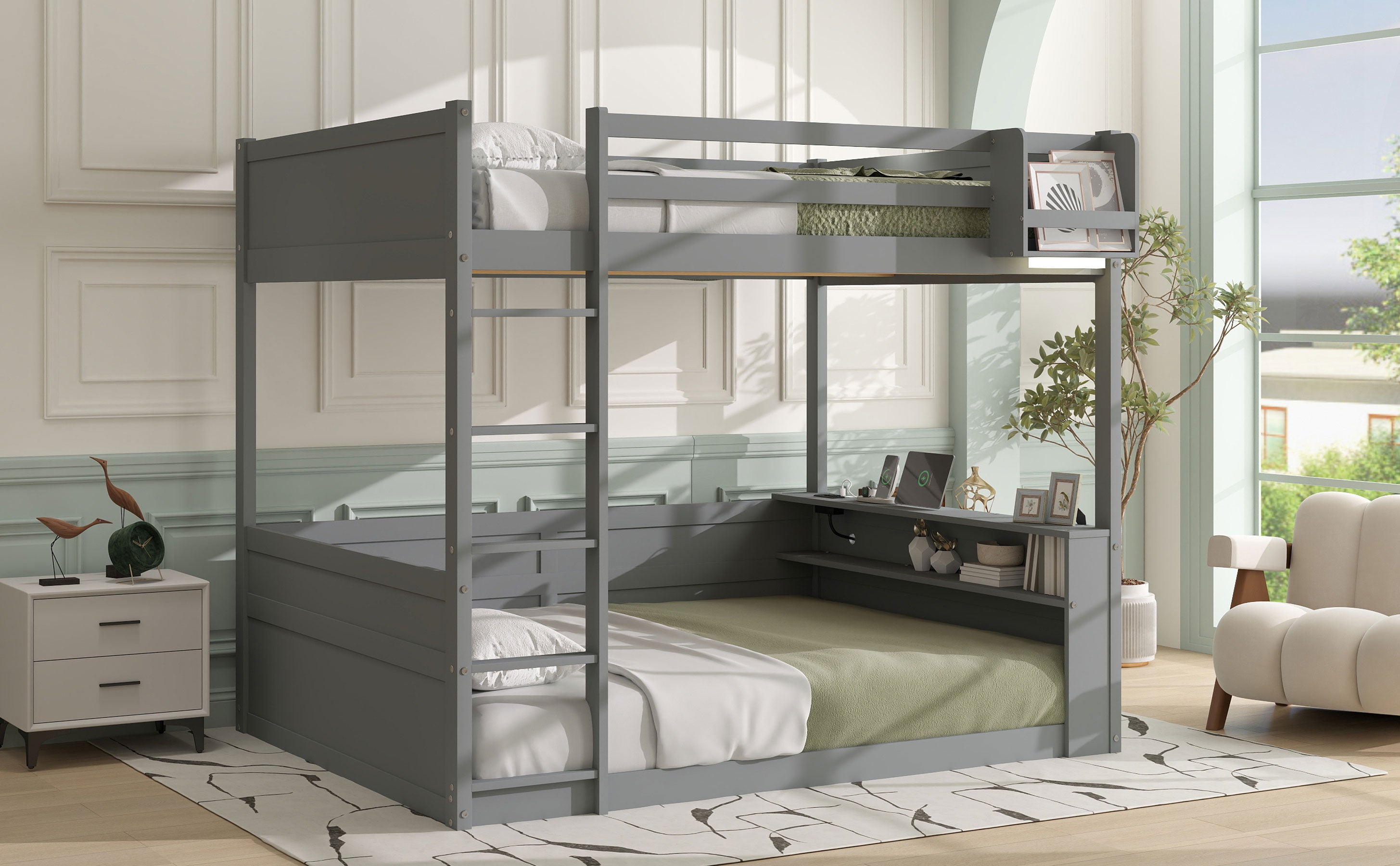 Queen Size Wooden Bunk Bed with Built-in Shelves and Storage