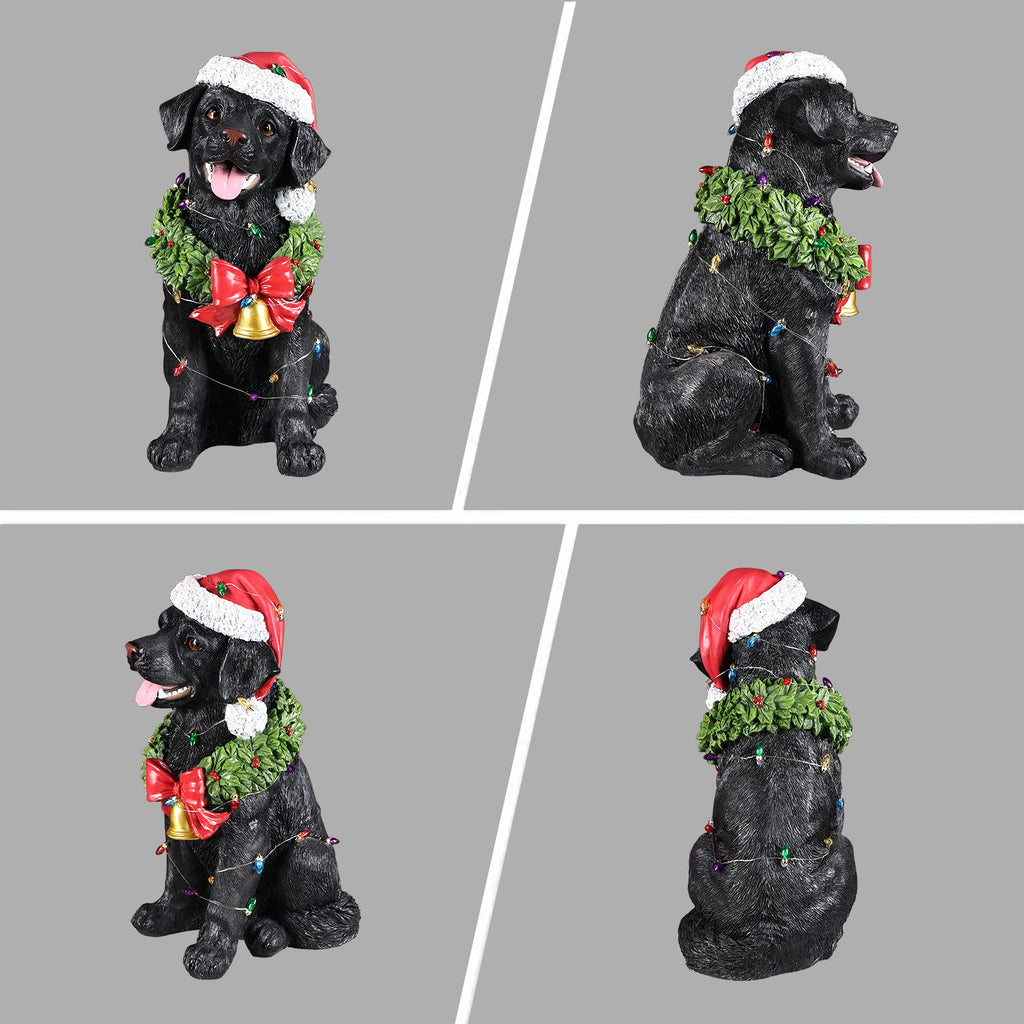 Lighted Christmas Labrador Retriever Dog Statue, Santa Hat, Black