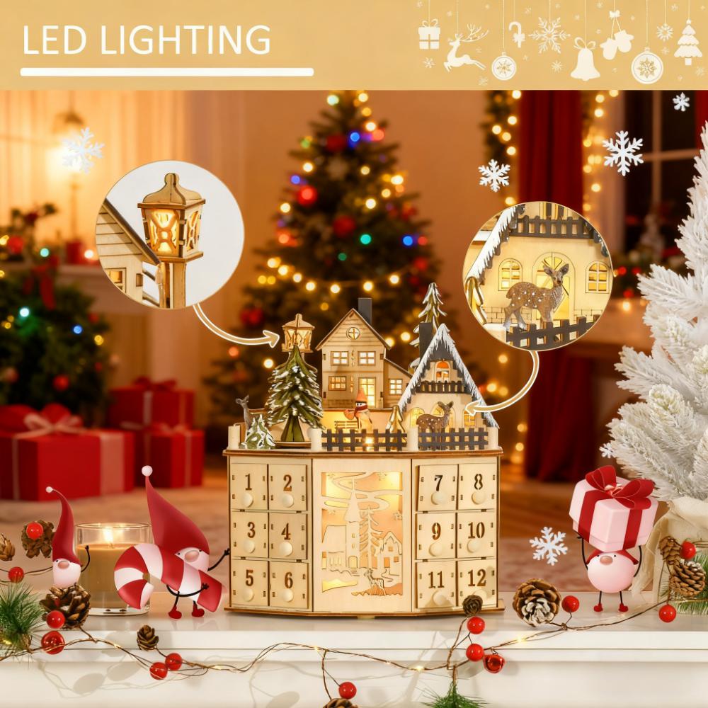 Wooden Christmas Advent Calendar with Village Scene and 24 Drawers, Natural