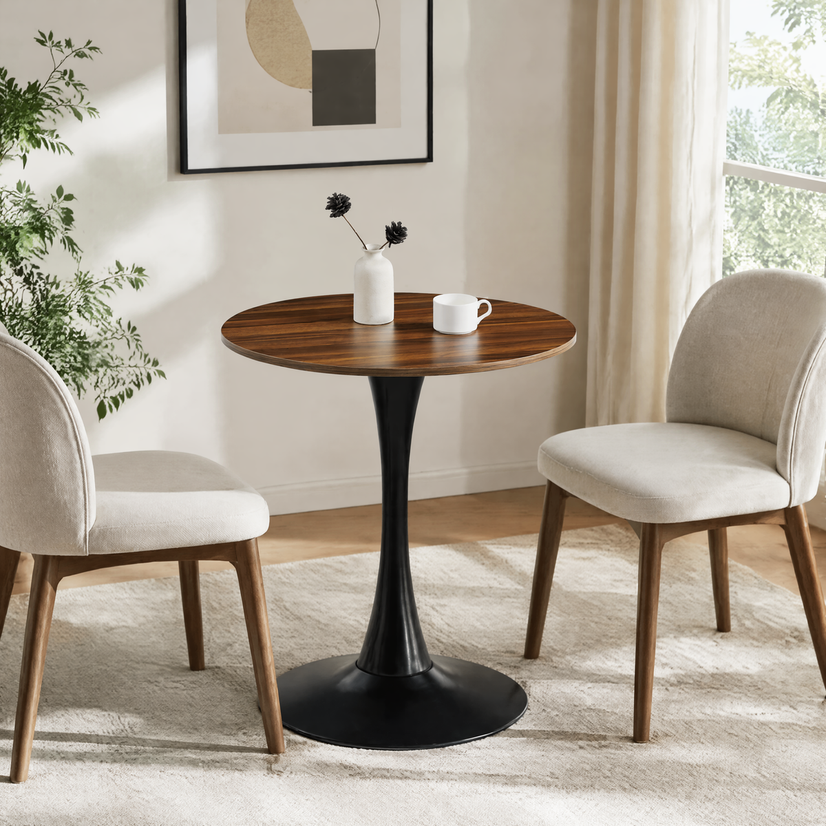 Dark Wood Grain Round Dining Table, 24-Inch, MDF and Metal Base