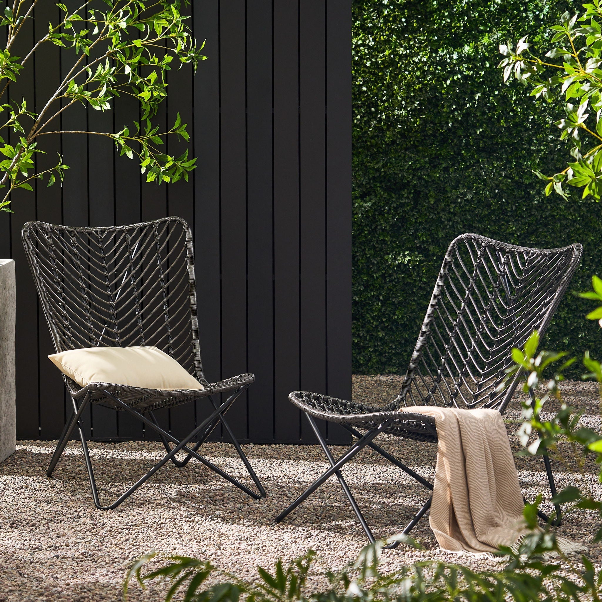 Outdoor Wicker Chair With Geometric Cross Base, Set of 2 - Gray