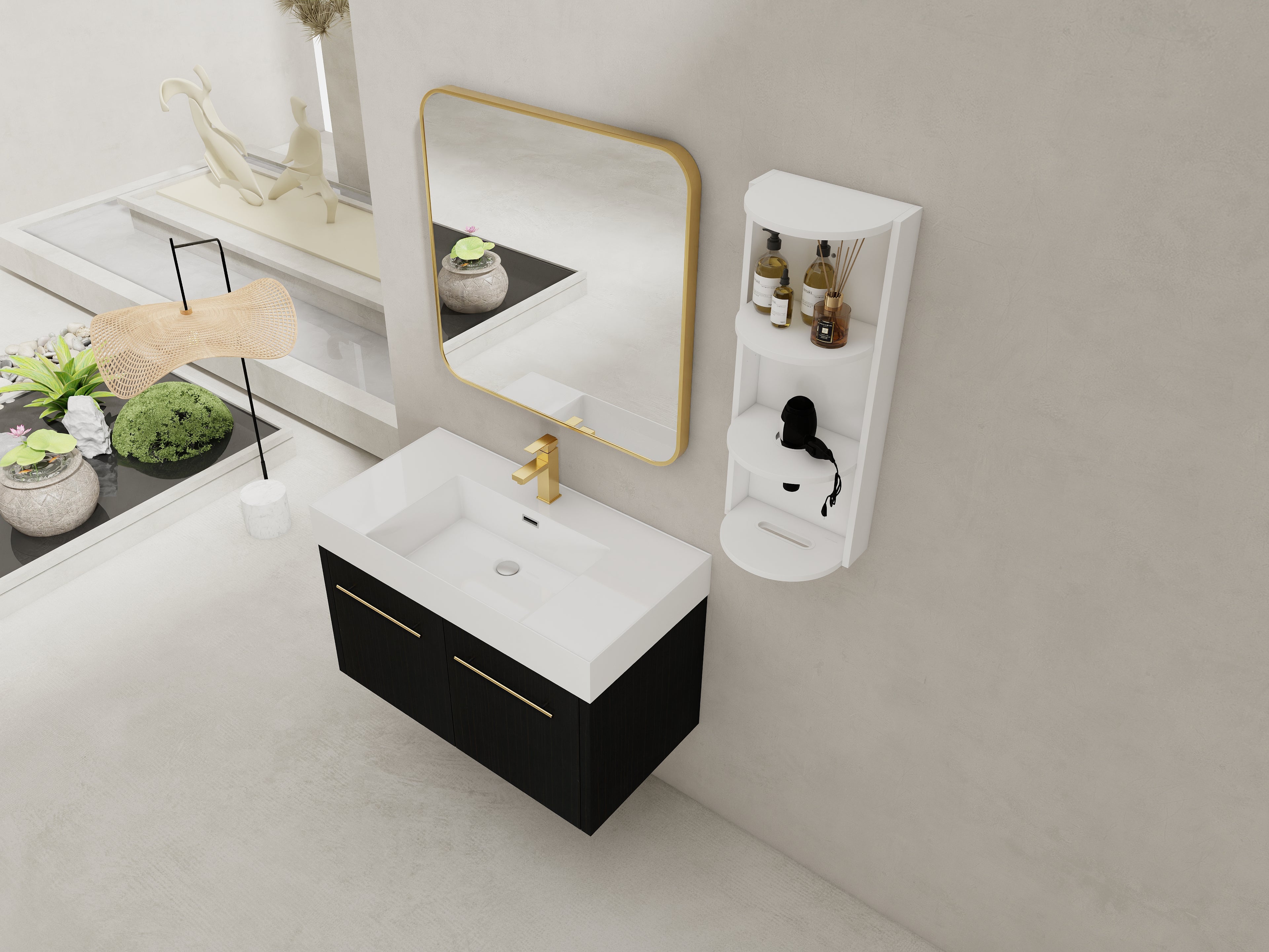 36 Inch Wall-Mounted Bathroom Vanity with Sink and Storage Rack