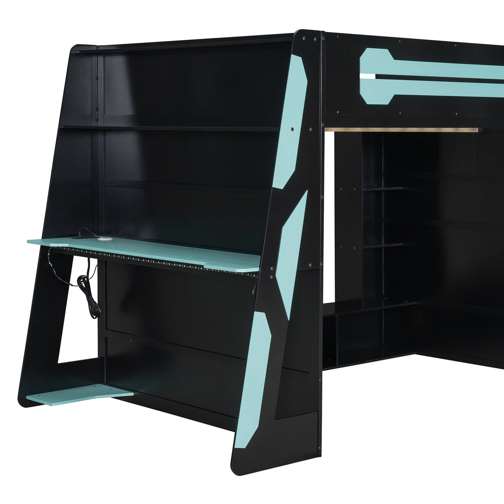 Full Size Wood Loft Bed with Desk, Multi-Storage Shelves and RGB Light, Cloud