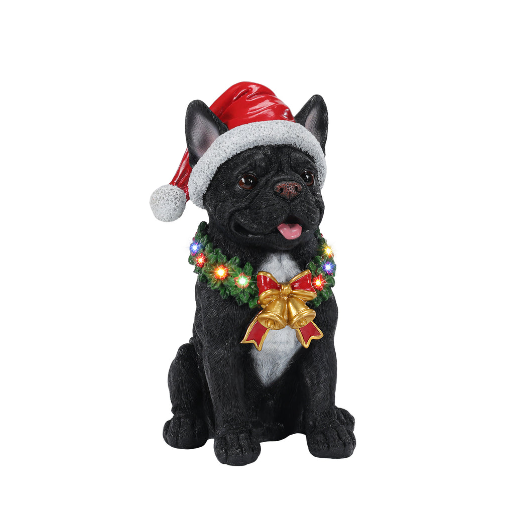 Lighted Christmas French Bulldog Statue, Black Resin, 14 Inches