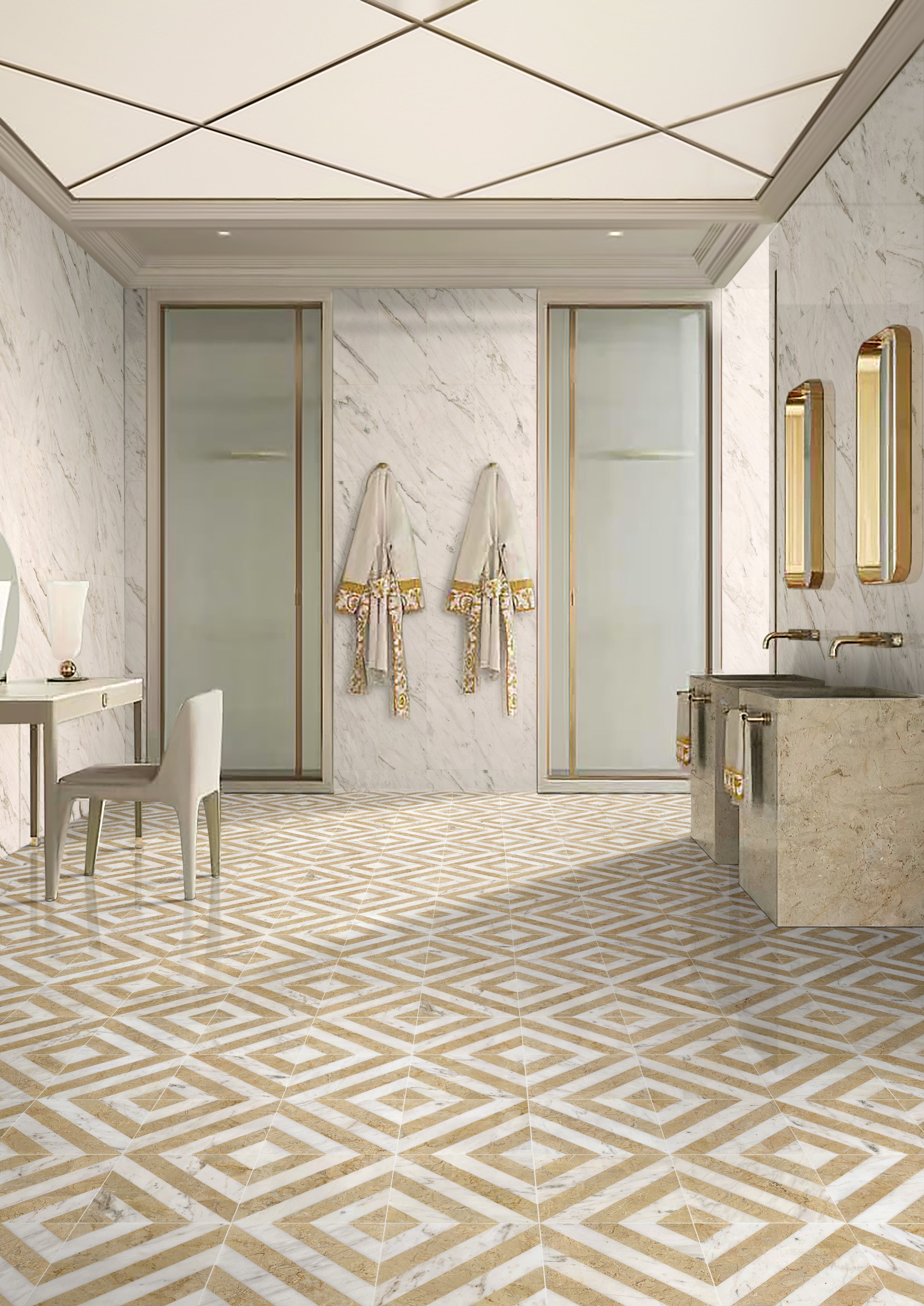 12x12 White Gold Two Color Waterjet Marble Tile