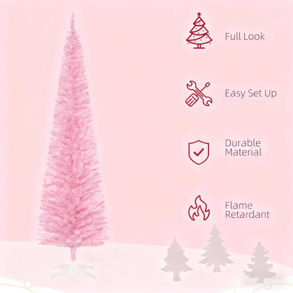 Slim Xmas Tree Artificial Pencil Christmas Tree, 7-Foot, Pink, with Plastic Stand