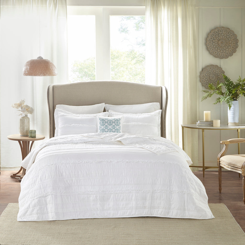 4 Piece Reversible Ruffle Quilt Set with Throw Pillow