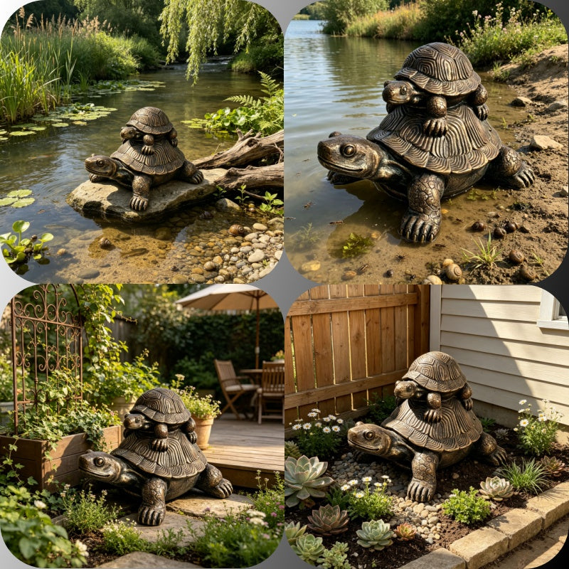 19'' Vintage Bronze Stacked Turtle Statue Resin Mother Baby Tortoise Sculpture Rustic Farmhouse Table Shelf Entryway Indoor Decor Weatherproof Garden Lawn Patio Figurine Gift for Nature Lover