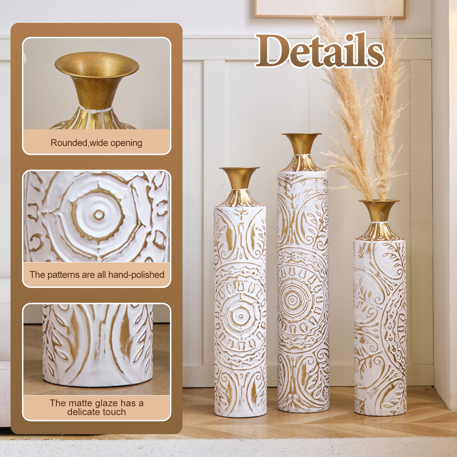 3-Piece Handcrafted Metal Floor Vase Set