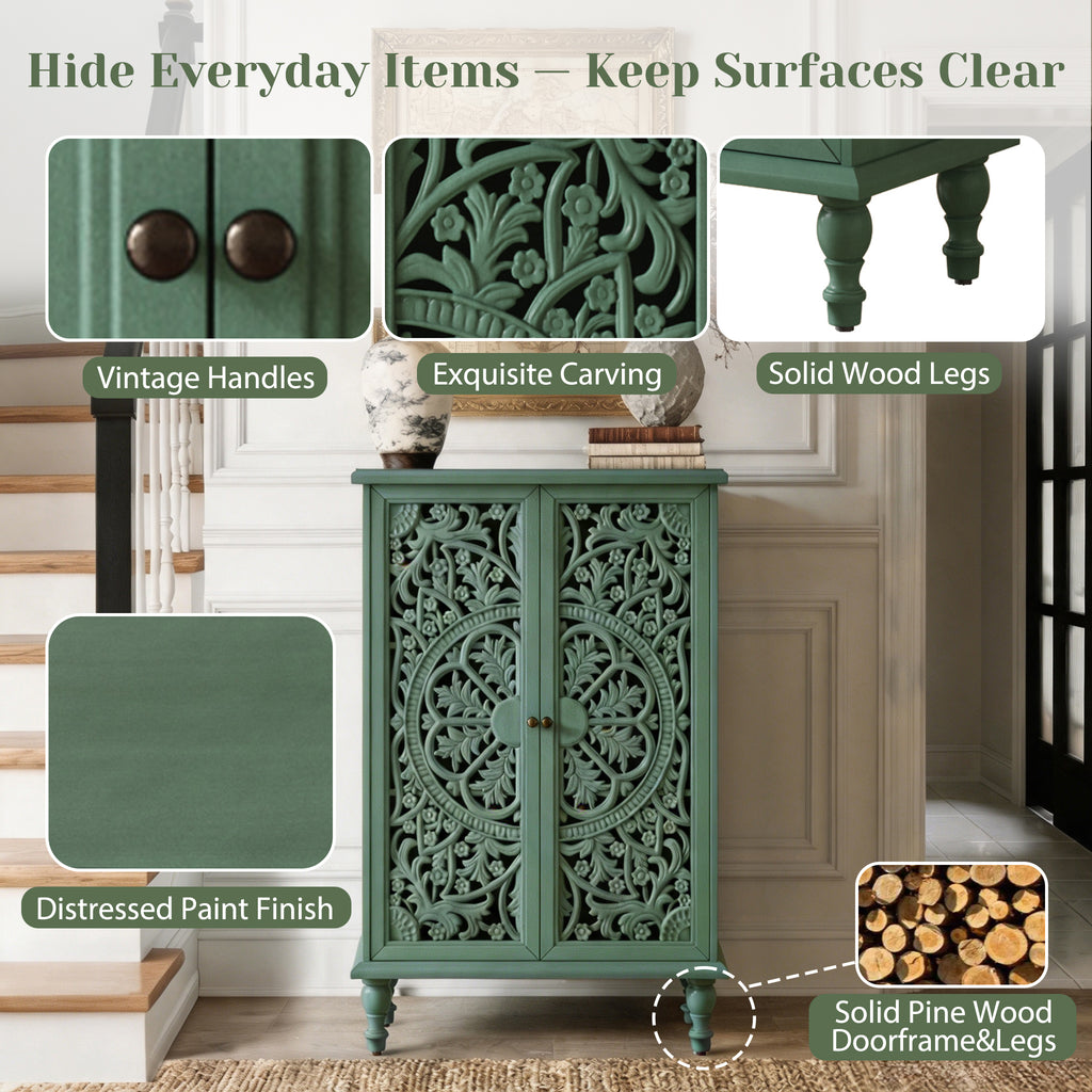 Tall Accent Cabinet with Carved Double Doors, Antique Green, 47-Inch