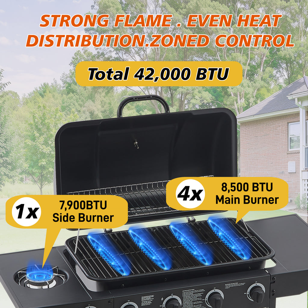4 Burner BBQ Propane Gas Grill with Side Burner