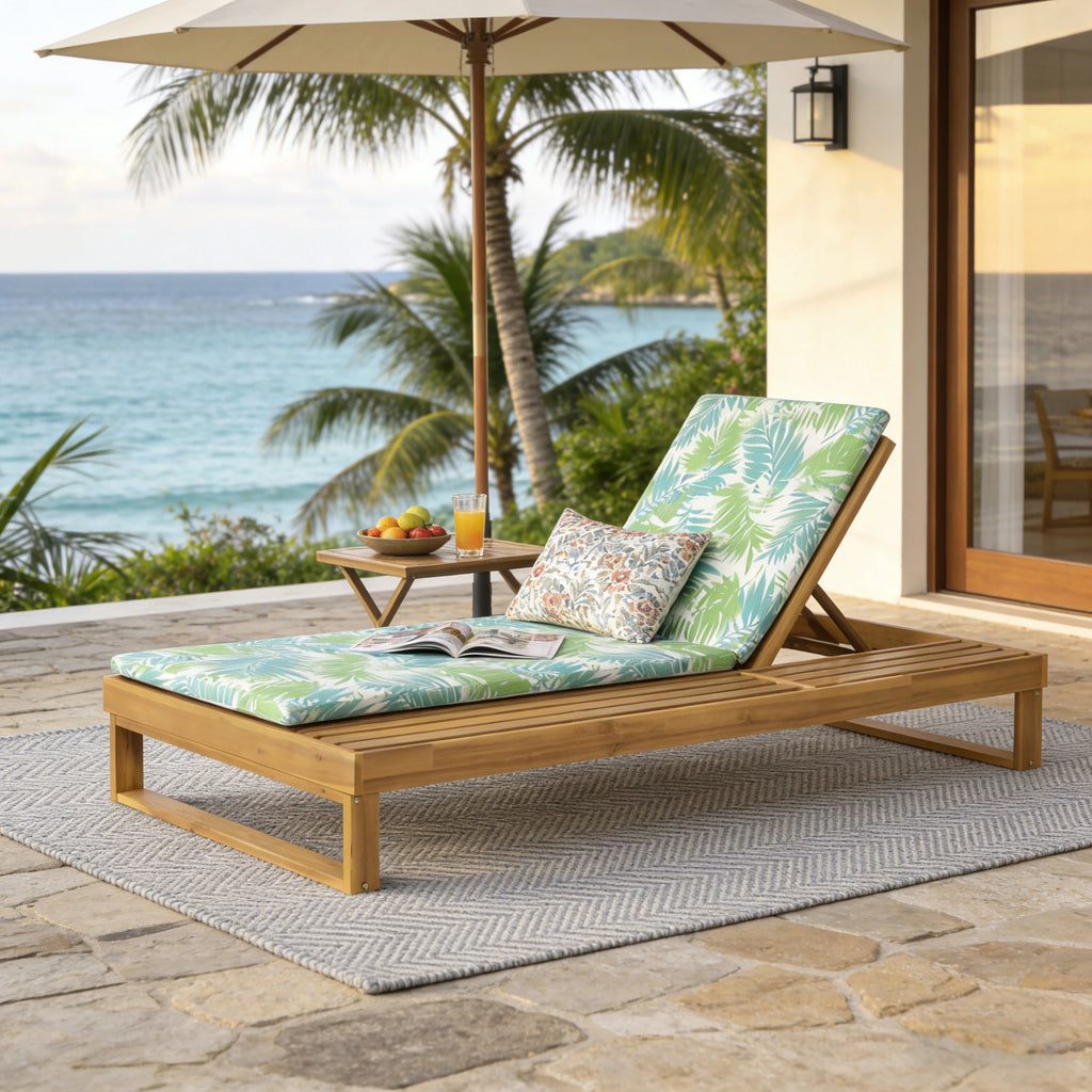 Teak Finish Acacia Wood Chaise Lounge with Cushion Set