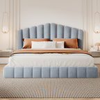 Velvet Upholstered Queen Bed Frame with Shell-Shaped Headboard