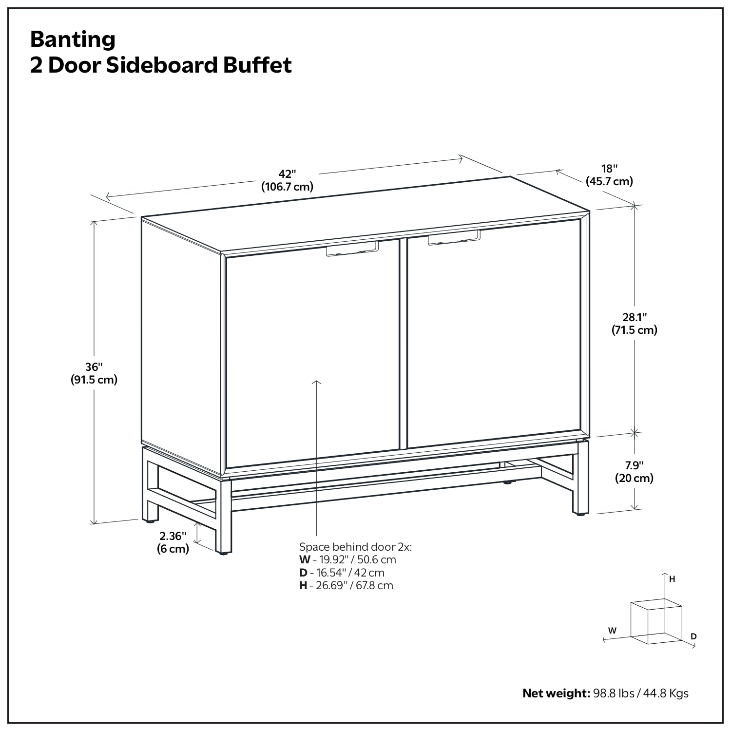 Banting 42 Inch Wide Solid Wood 2 Door Sideboard Buffet